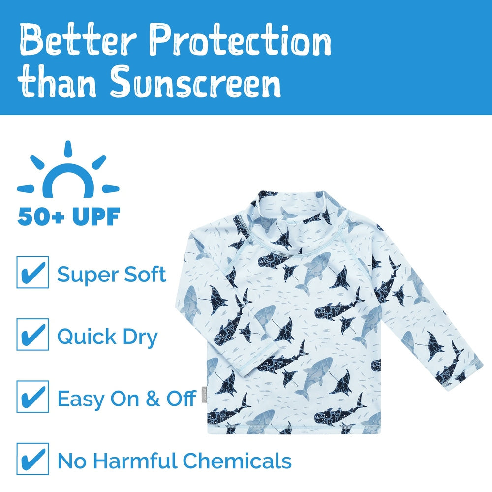 Kids long-sleeve UPF 50+ rash guard with shark and ray print