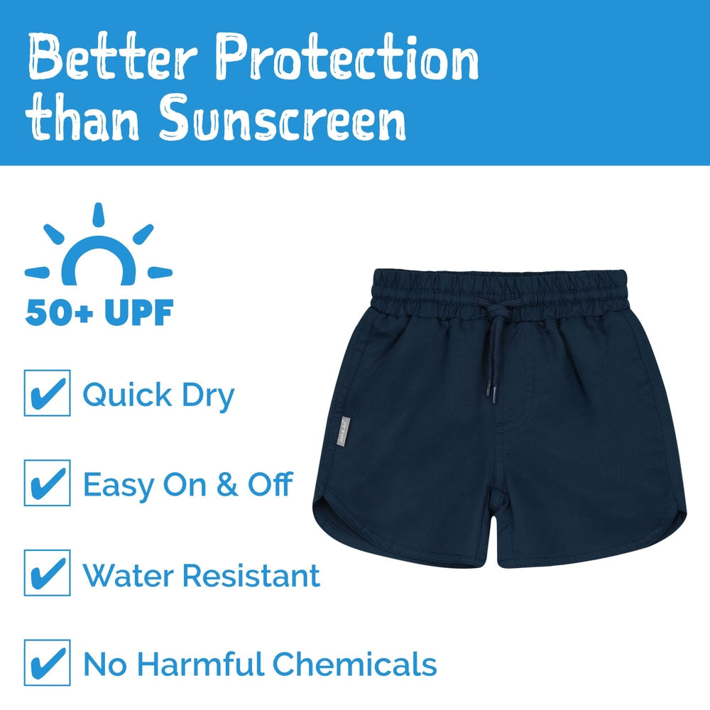 Navy UPF 50+ shorts with elastic waistband and drawstring