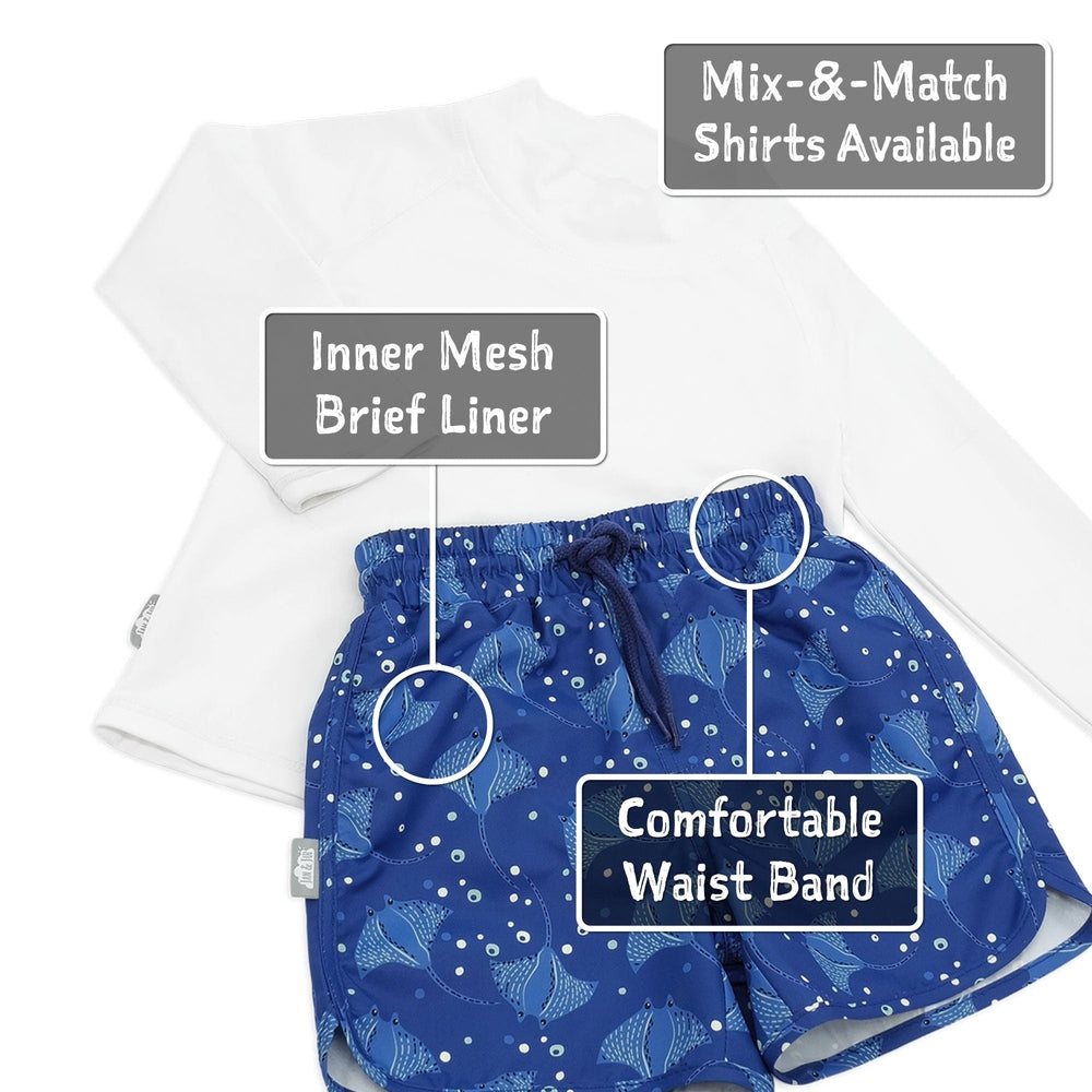 Jan & Jul Kids UV Swim Shorts Manta Ray, blue manta-print with elastic waistband and drawstring.