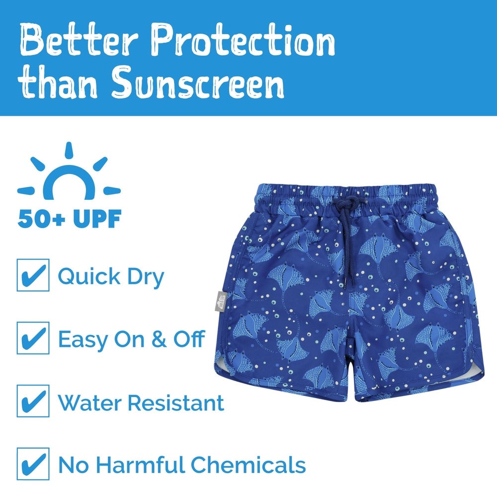 Jan & Jul Kids UV Swim Shorts Manta Ray blue with drawstring, quick-dry, UPF 50+ protection.