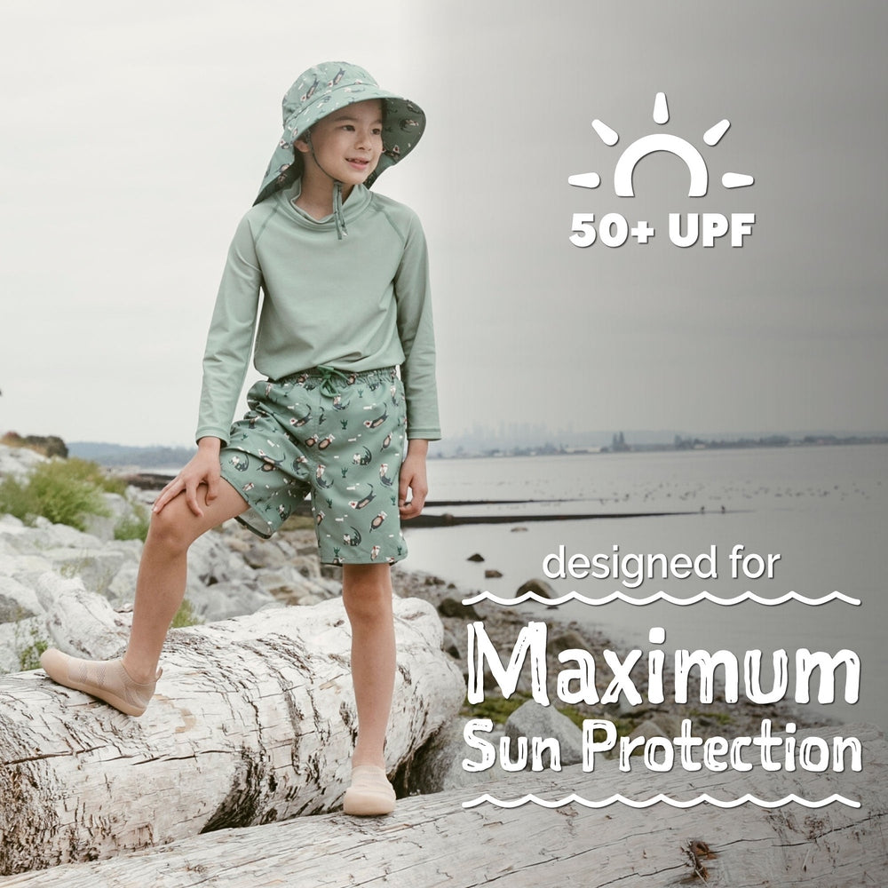 JAN & JUL Jan & Jul Kids UV Swim Shorts Otter coordinating rashguard top and legionnaire hat with neck flap img 4/7