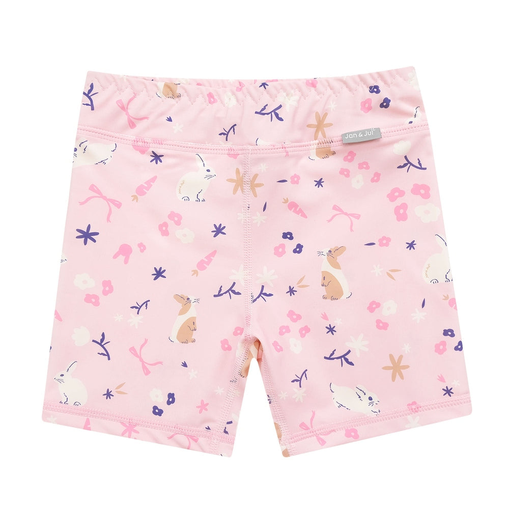 Jan & Jul pink kids bunny floral swim trunks, front view