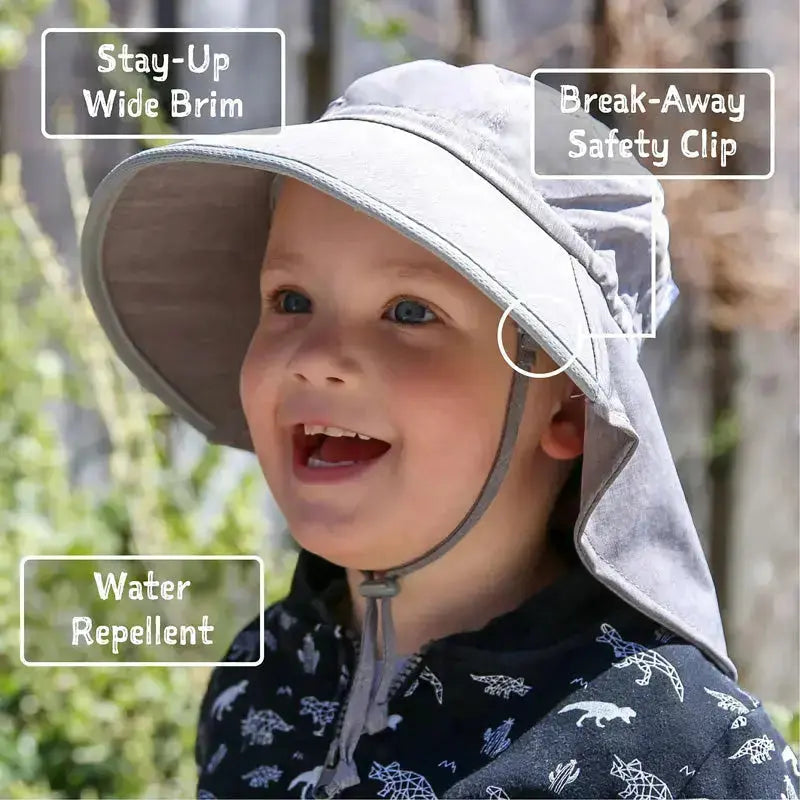 Jan & Jul Kids Water Repellent Adventure Hat Watermelon; gray wide brim kept secure with break-away safety clip.