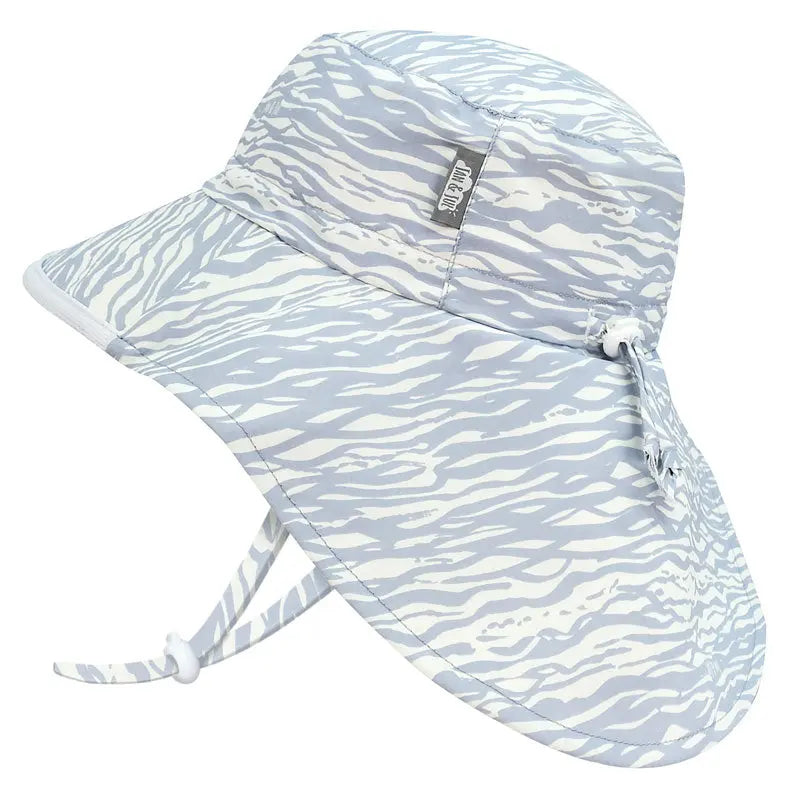 Jan & Jul Kids Water Repellent Adventure Hat Wave in light blue zebra print with adjustable neck tie under chin