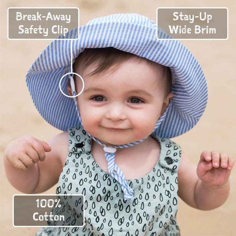 Jan & Jul Bear Camp water-repellent bucket hat in blue stripes, worn by a smiling baby with a stay-up wide brim.