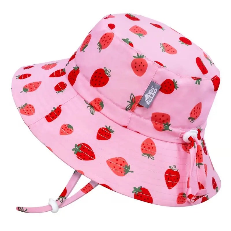 Jan & Jul Kids Water Repellent Bucket Hat Pink Strawberry with adjustable tie for secure fit.
