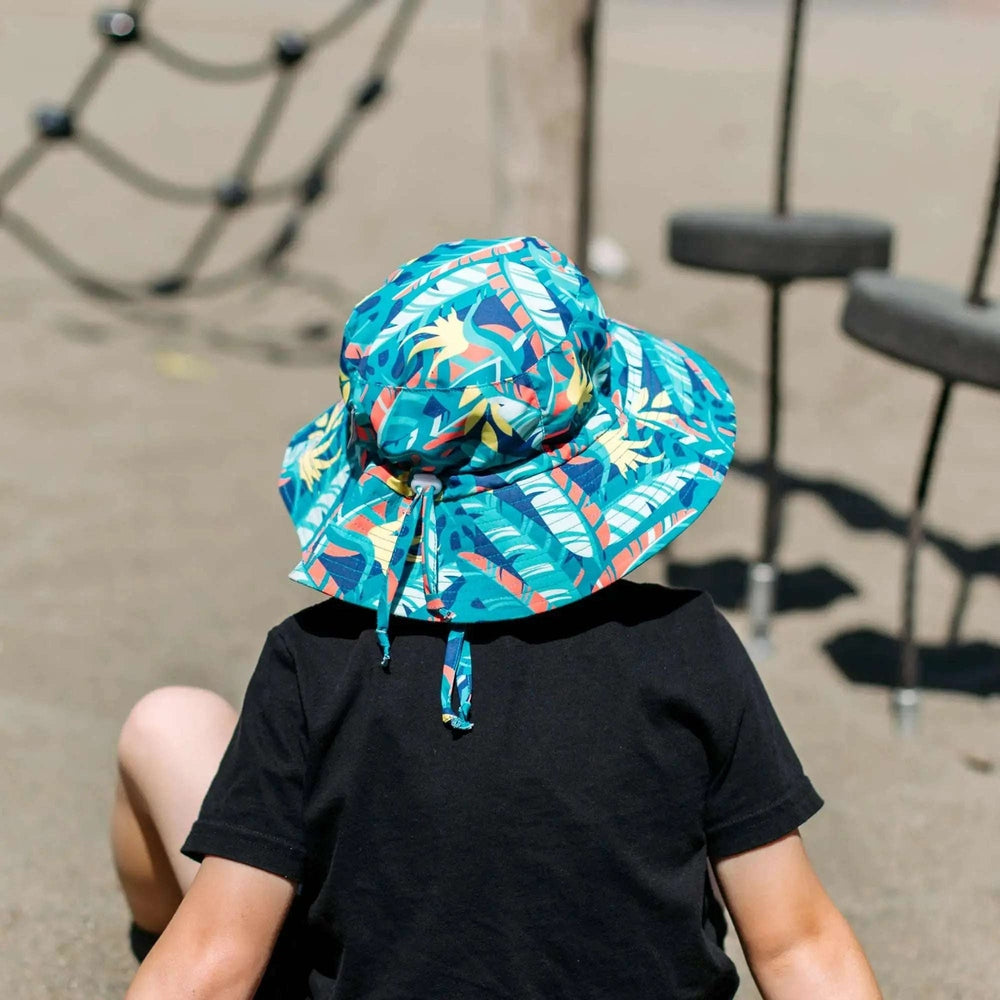 JAN & JUL kids bucket hat, water-repellent tropical blue palm-leaf print