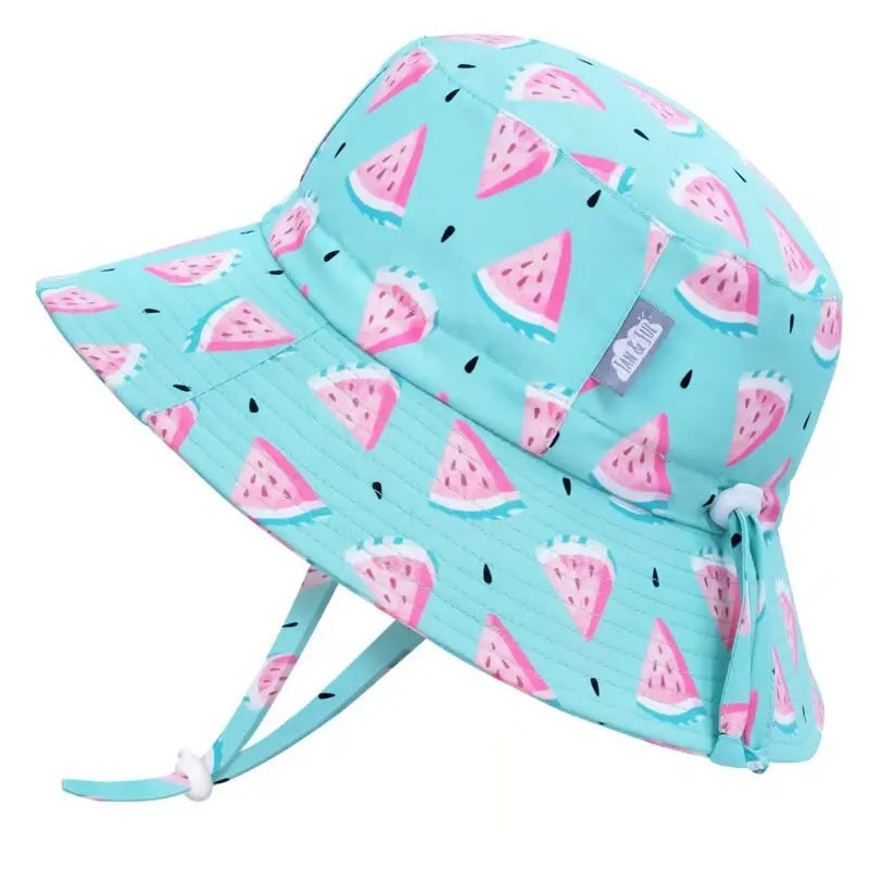JAN & JUL Kids Water Repellent Bucket Hat in turquoise with watermelon print, chin strap tied for secure fit