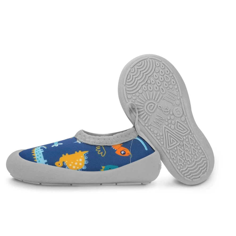 Jan & Jul Kids Water Shoes Dino Buddies, blue upper with orange dinosaurs and a grey flexible sole for splash play