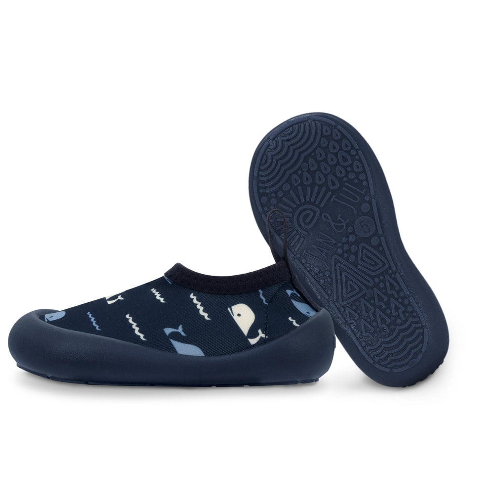 JAN & JUL Jan & Jul Kids Water Shoes Navy Whale Tales navy baby shoe shown from alternate angle with mesh upper, velcro strap and white sole