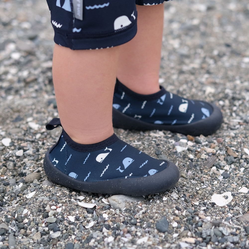 JAN & JUL Jan & Jul Kids Water Shoes Navy Whale Tales navy baby shoe shown from alternate angle with mesh upper, velcro strap and white sole