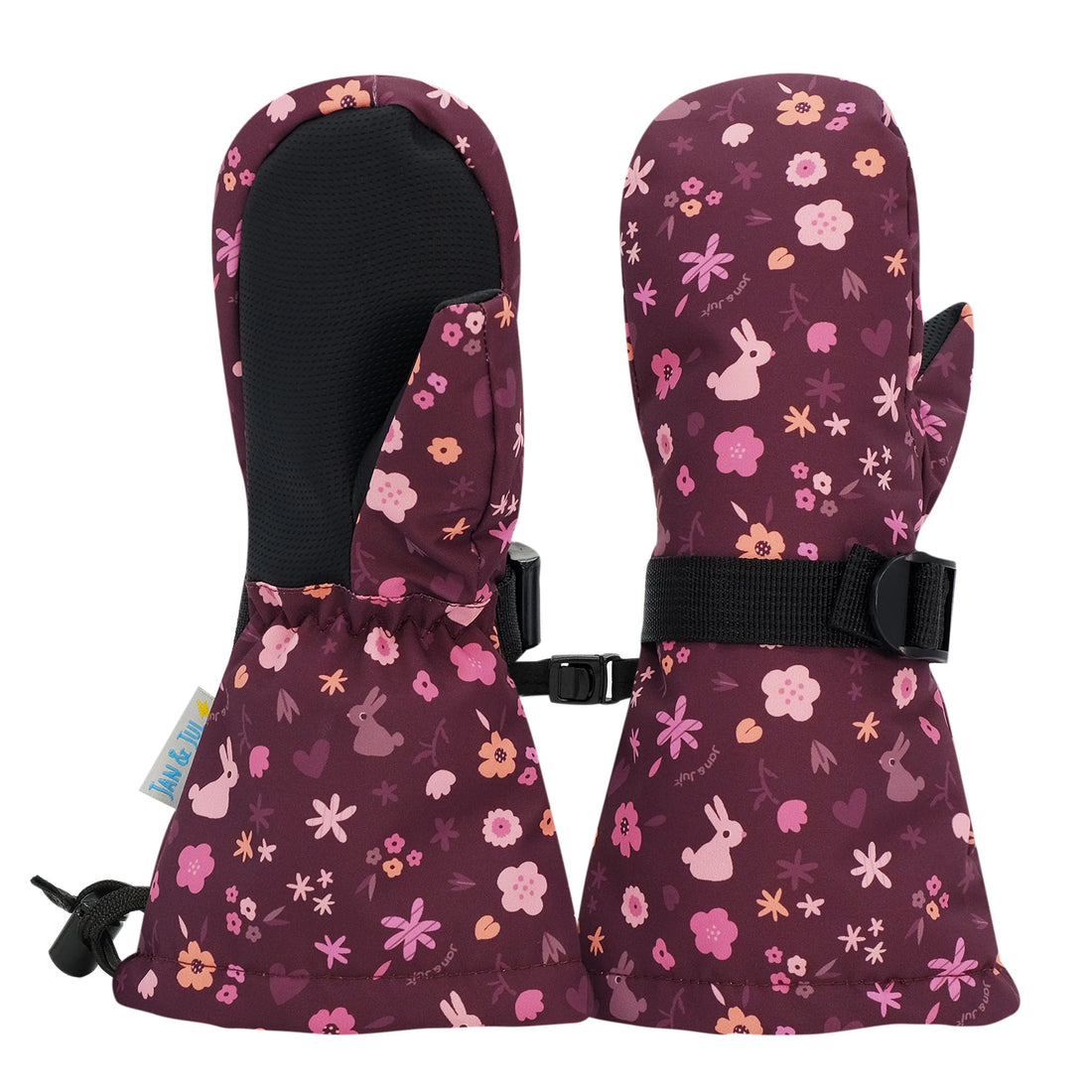 Jan & Jul Bunny Blooms Waterproof Mittens showing the printed shell, black palms and wrist straps.