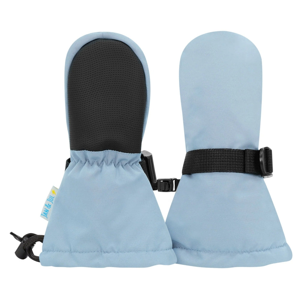 JAN & JUL Kids Waterproof Mittens Dusty Blue; black grip palms, adjustable strap, snug cuffs shown.