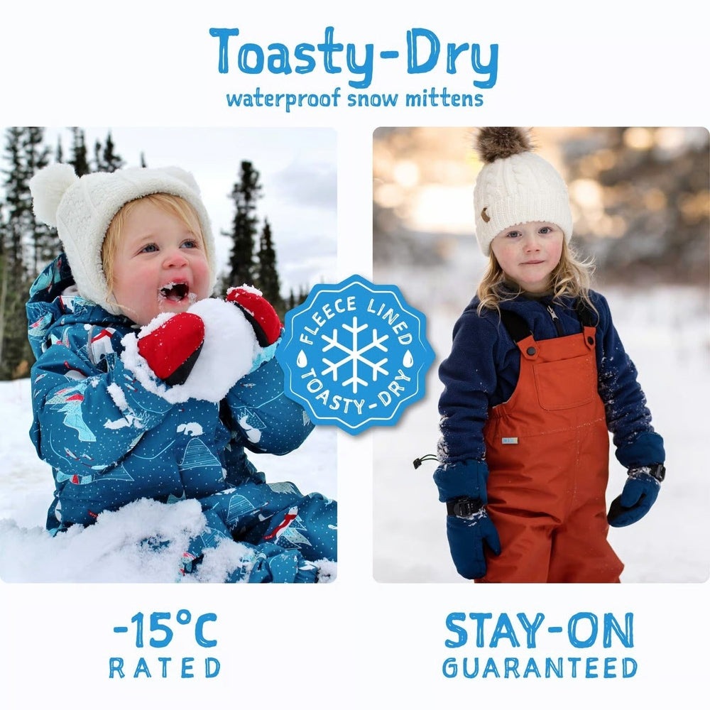 Jan & Jul Kids Waterproof Mittens Dusty Blue, fleece-lined with stay-on design, worn by toddlers playing in the snow.