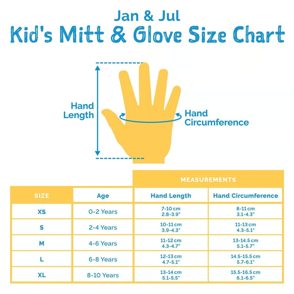 JAN & JUL Kids Waterproof Mittens Dusty Blue size chart with a hand outline, showing hand length and circumference arrows and XS-XL sizes