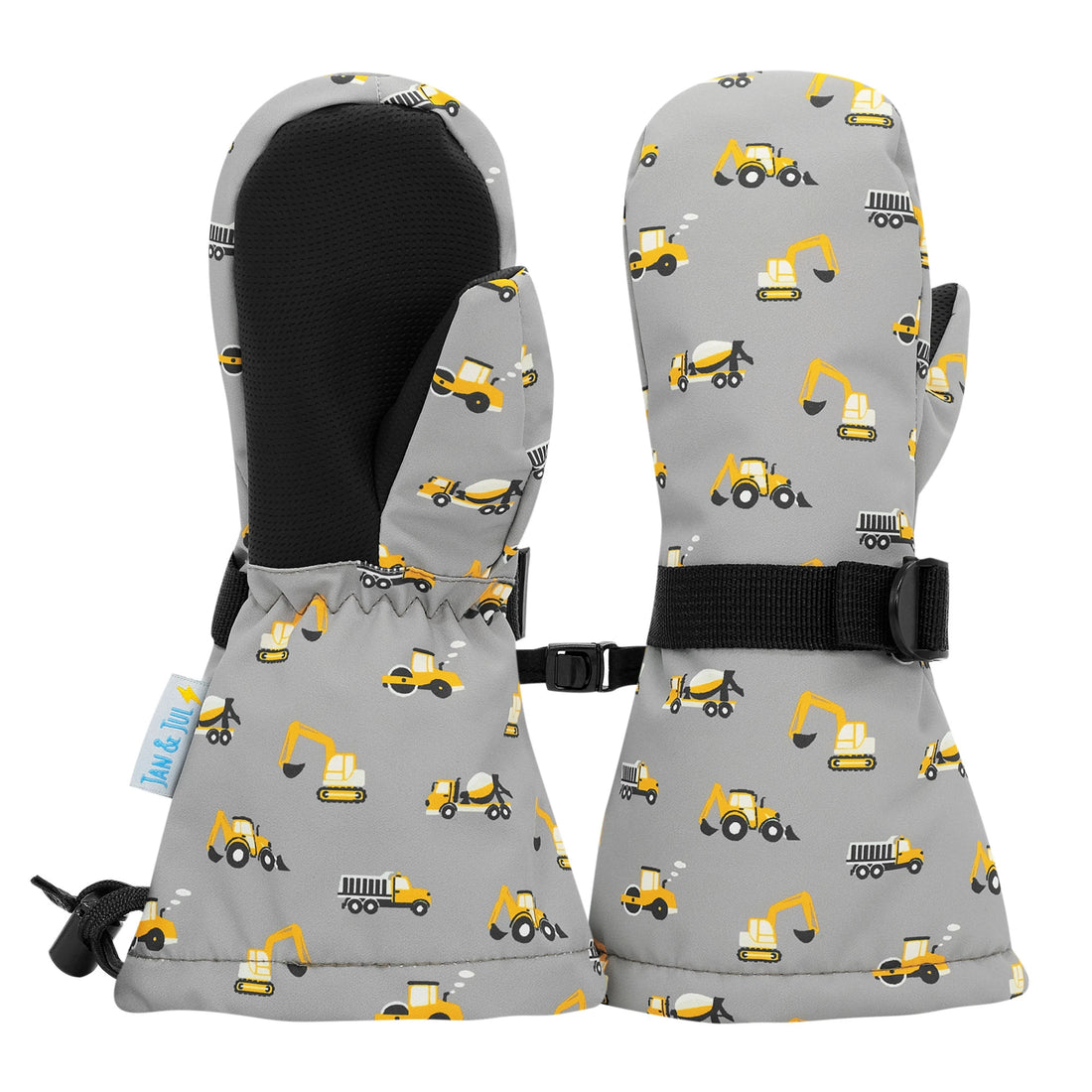 Jan & Jul Grey Construction Waterproof Mittens showing the printed shell and black palms.