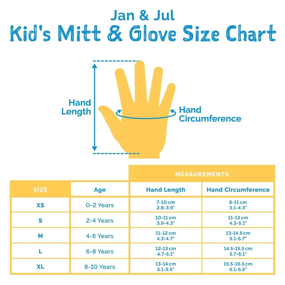 JAN & JUL Kids Waterproof Mittens Macarons size chart; yellow hand diagram shows hand length and circumference measurements.