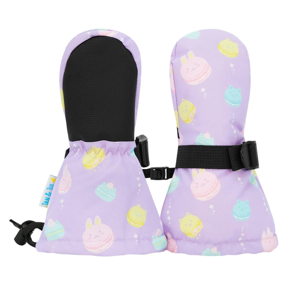 JAN & JUL Kids Waterproof Mittens Macarons, lilac with pastel macarons; adjustable wrist strap secures.