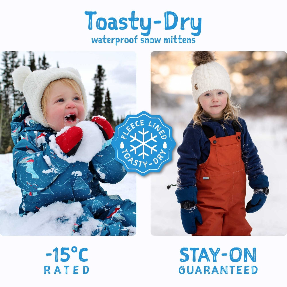 Jan & Jul Kids Waterproof Mittens Navy Forest worn by a child playing in snow; fleece-lined, stay-on guaranteed.