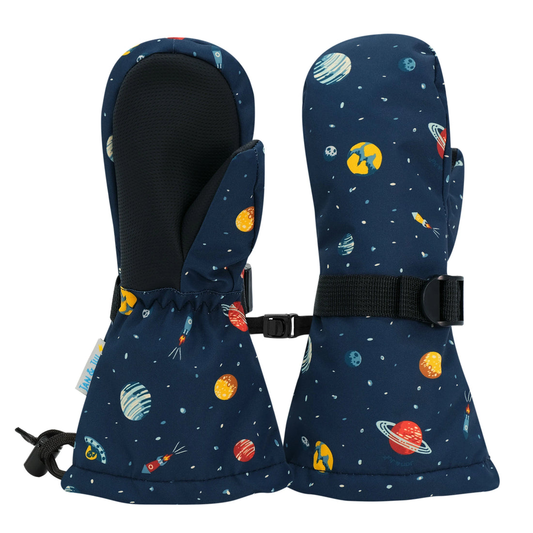 Jan & Jul Planet Patrol Waterproof Mittens showing the space print, black palms and wrist straps.