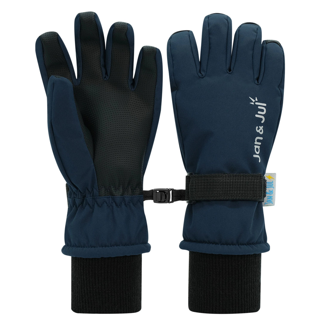 Jan & Jul Dark Navy Waterproof Snow Gloves showing the palms, cuffs and wrist straps.