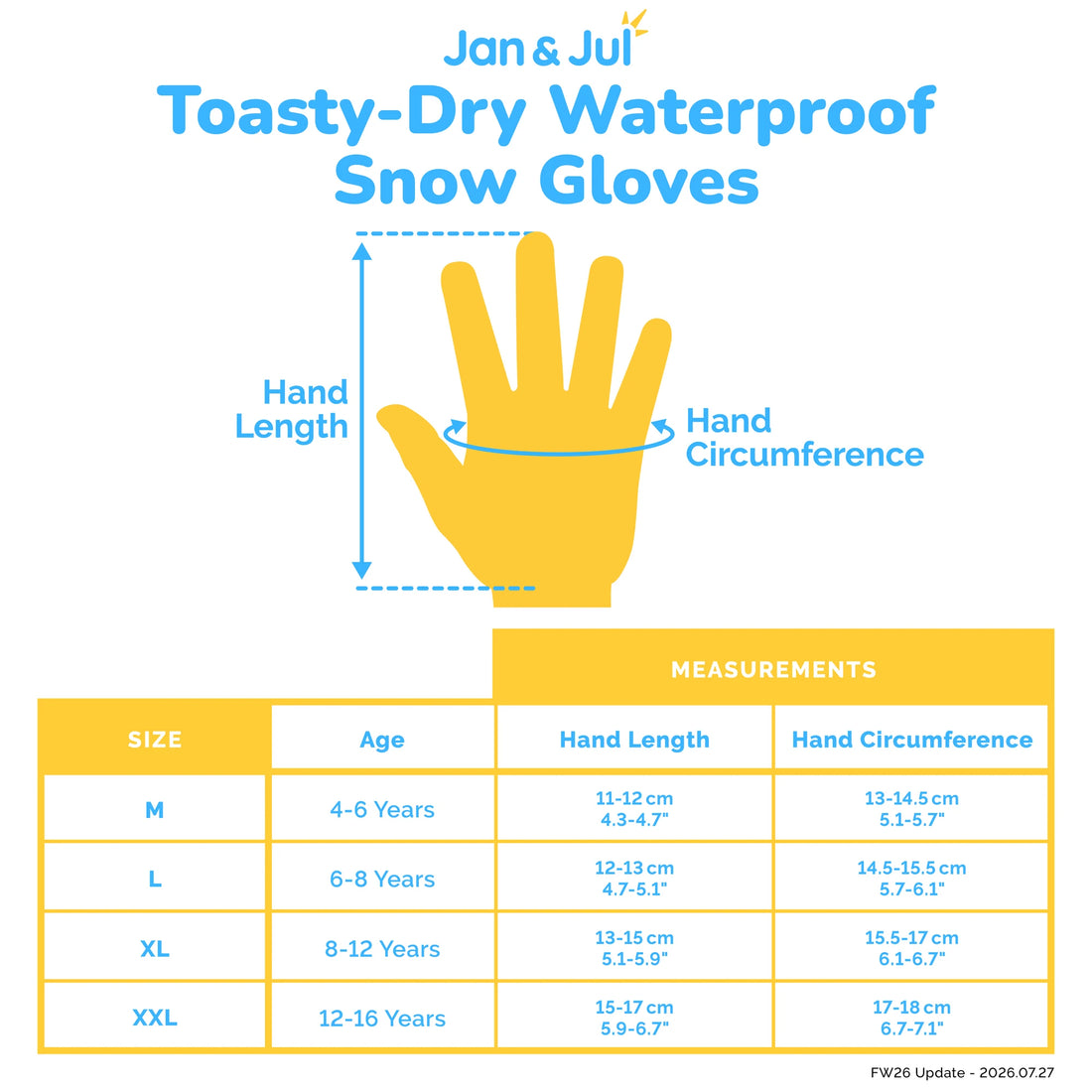 Jan & Jul Waterproof Snow Gloves size chart with hand length and circumference measurements.