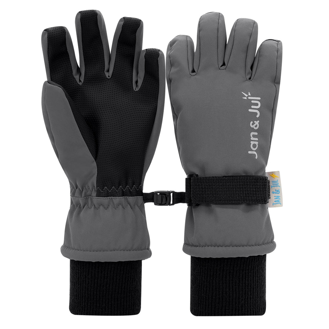 Jan & Jul Dark Slate Waterproof Snow Gloves showing the palms, cuffs and wrist straps.