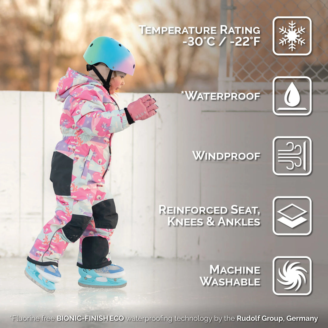 Jan & Jul Snow Fox snowsuit feature graphic showing winter protection and reinforced panels.