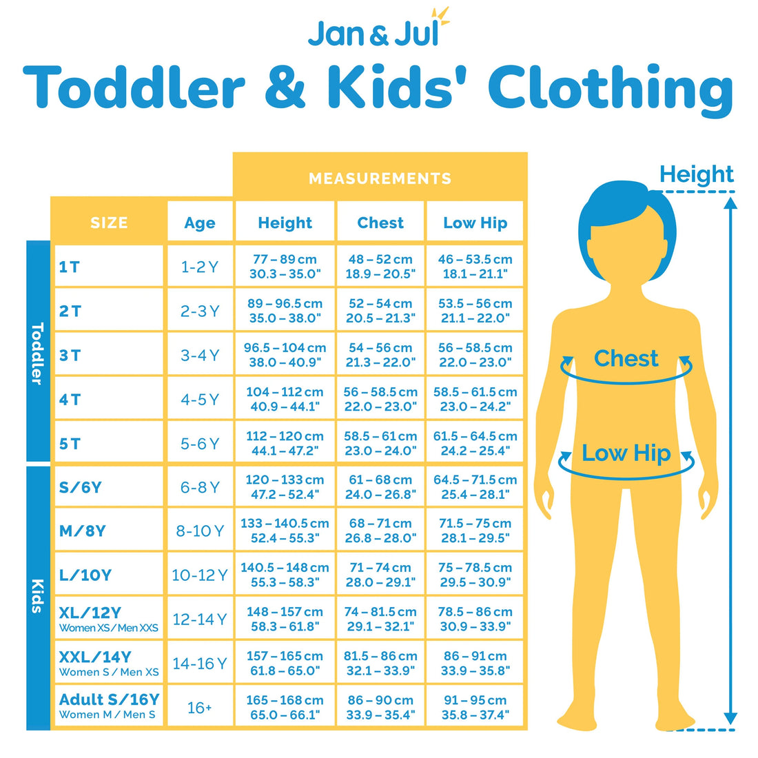 Jan & Jul toddler and kids clothing size chart with body measurement guide.
