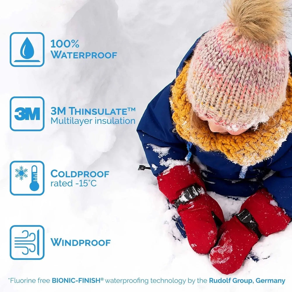 JAN & JUL Waterproof Toasty Dry mitten in minty forest; child plays in snow, showing warmth and dry hands.