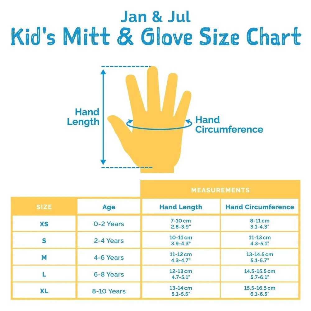 JAN & JUL Kids Waterproof Toasty Dry Mitten Hot Pink, toddler mitten worn on a hand beside a size chart.