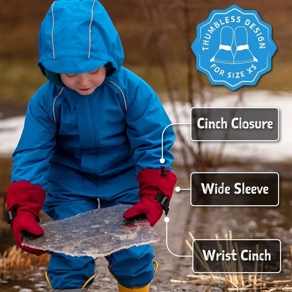 JAN & JUL Waterproof Toasty Dry Mitten Pink Rainbow worn by a child in a blue snowsuit, cinch closure secures the cuff.