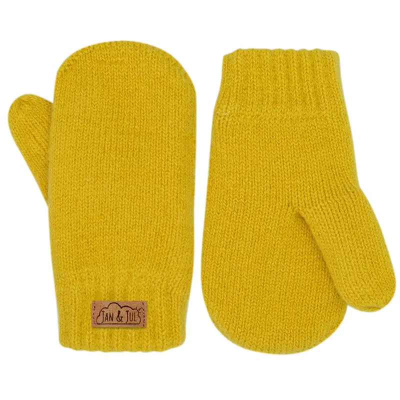 Jan & Jul Knit Mittens for babies in mustard yellow, thick knitted pair with visible brand label.