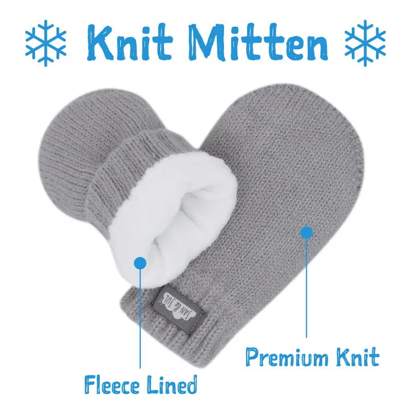 Jan & Jul Knit Mitten Mustard baby mittens, gray premium knit with white fleece lining, pair.