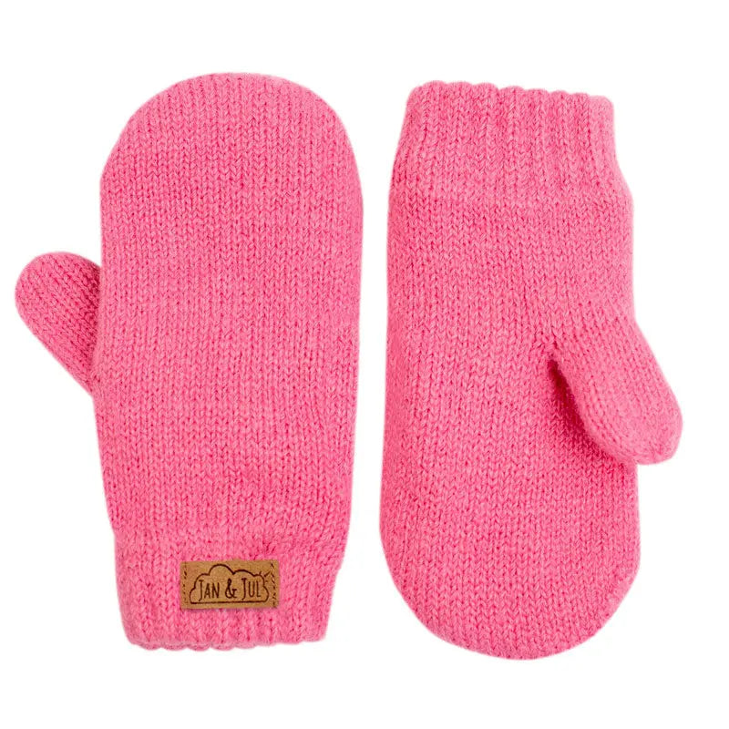Jan & Jul Knit Mittens Watermelon Pink for babies; pair of bright pink knitted mittens with brand patch.