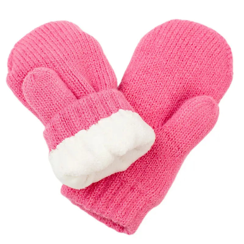 JAN & JUL Knit Mitten Watermelon Pink pair with white faux-fur cuff, cozy baby gloves shown together