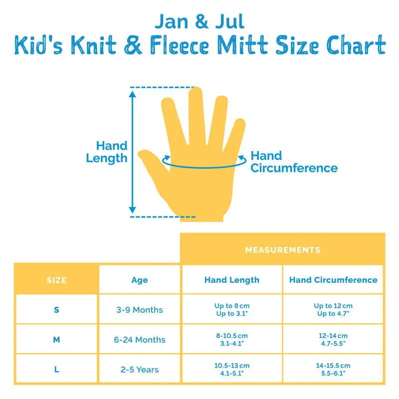 Jan & Jul Knit Mitten Watermelon Pink size chart showing hand length and hand circumference measurements for babies.