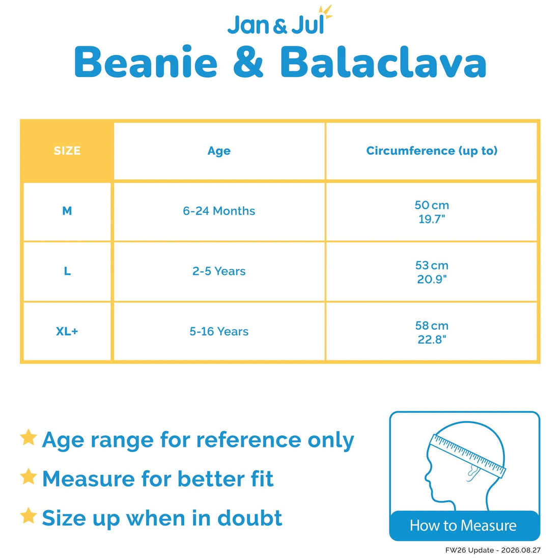 Jan & Jul Beanie and Balaclava official size and measurement chart