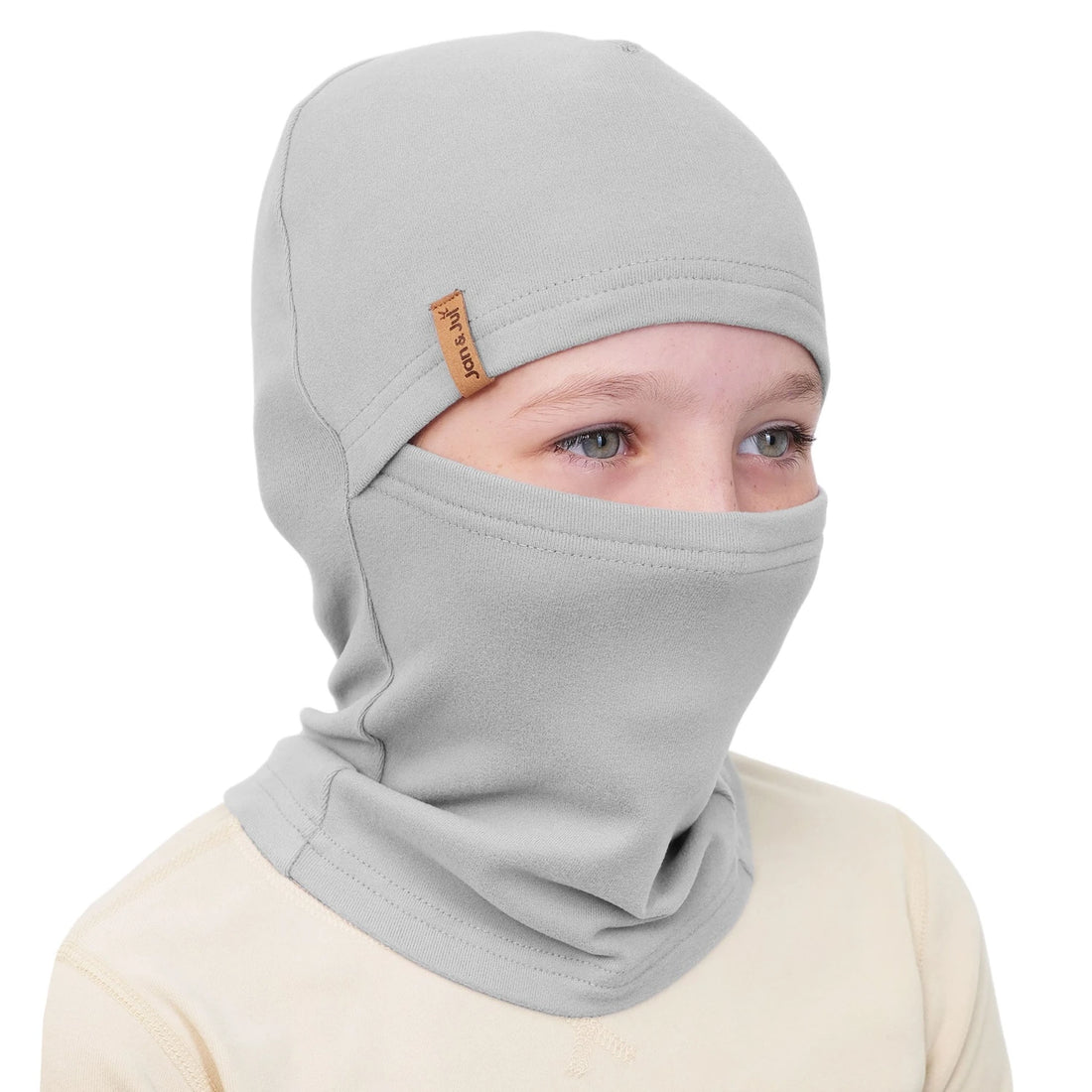 Jan & Jul Kids Thermal Balaclava Grey — front view showing face and neck coverage