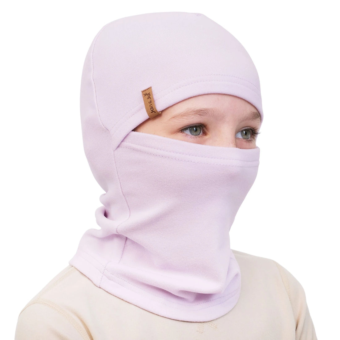 Jan & Jul Kids Thermal Balaclava Lilac — front view showing face and neck coverage