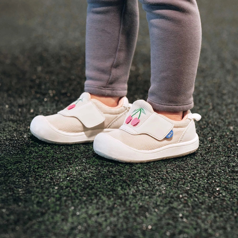 JAN & JUL Mini-Flyer toddler sneakers cherries patch, cream mesh, white sole, hook-and-loop strap