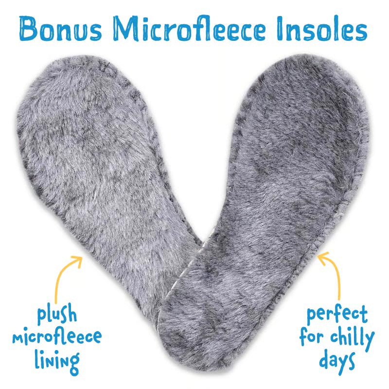 Jan & Jul Puddle Dry Rain Boots Bear insoles laid flat, plush grey microfleece lining for chilly days.
