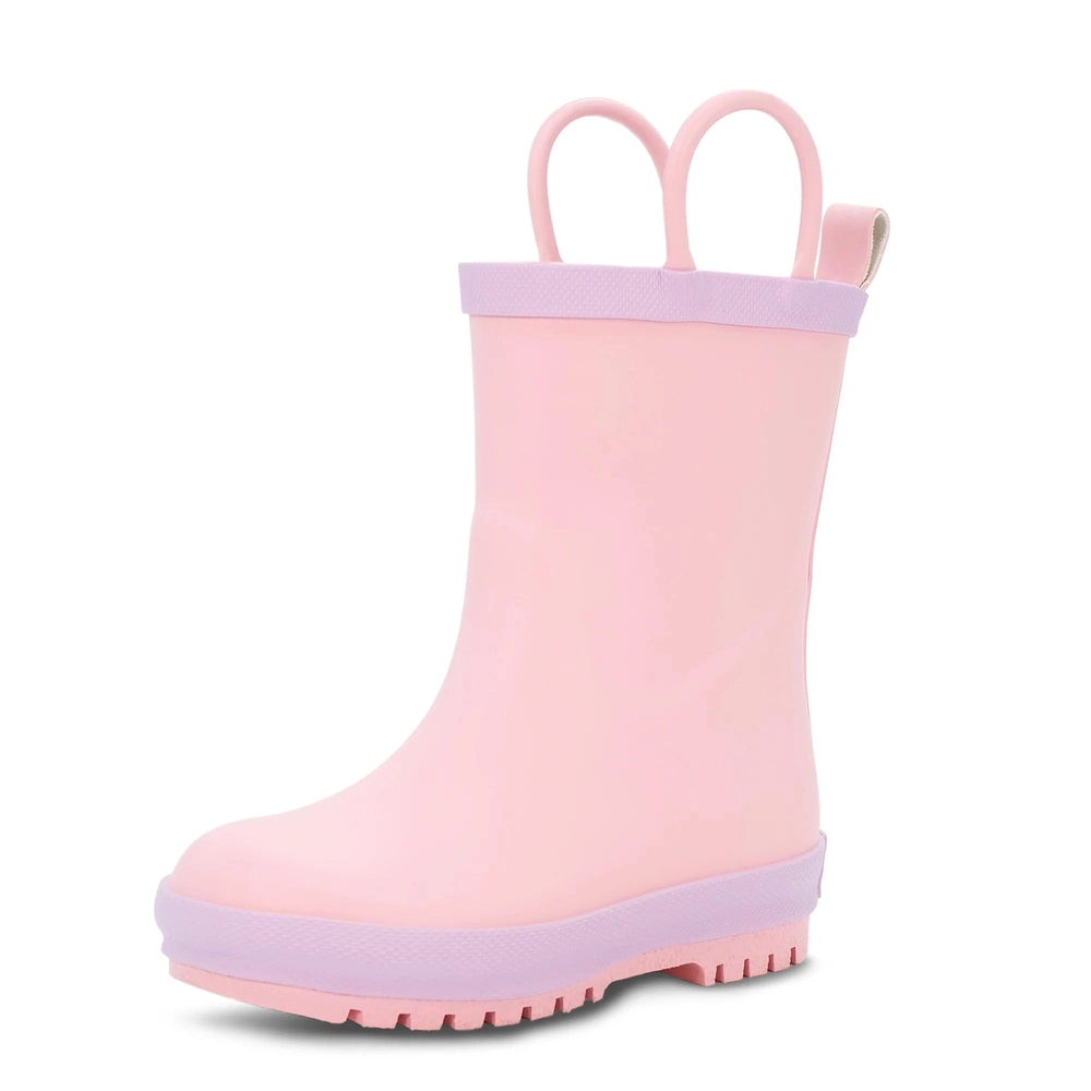 Jan & Jul toddler rain boot in pink with lavender trim and chunky lavender sole