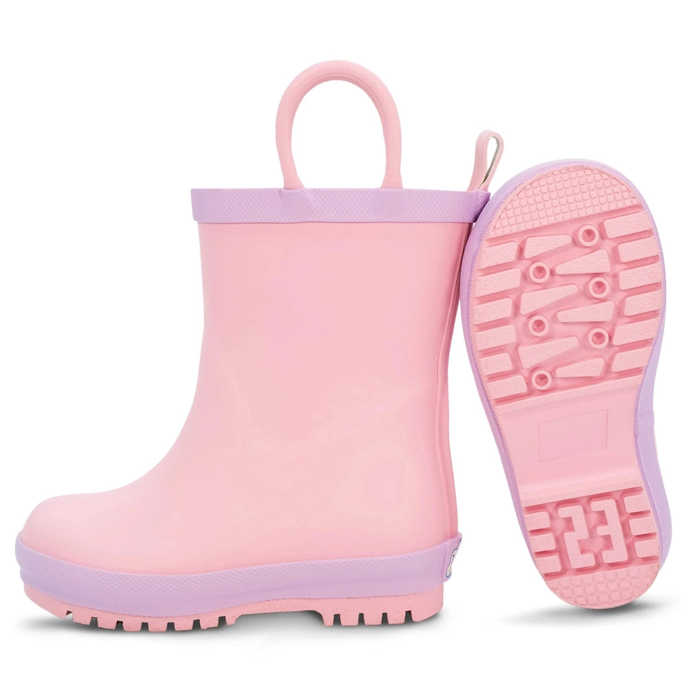 Jan & Jul toddler rain boots in pink with lavender trim and sole; pair shown