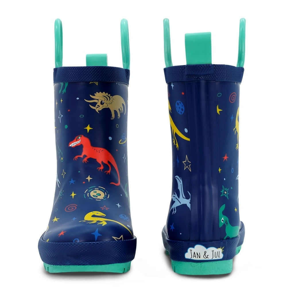 Jan & Jul Puddle Dry Rain Boots Space Dinos navy blue kids' boots with teal accents and space-dino graphics.