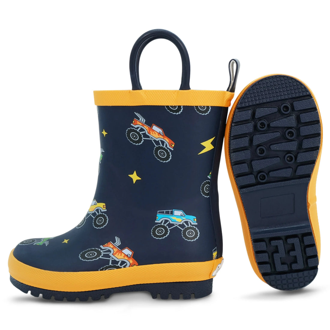 Jan & Jul Puddle Dry Rain Boots With Handle Big Trucks side view