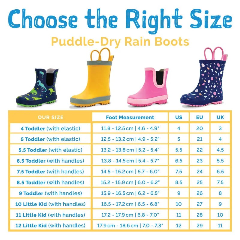 Jan & Jul Puddle-Dry Rain Boots With Handle Yellow for toddlers; yellow boot shows easy-grip handles beside size chart.