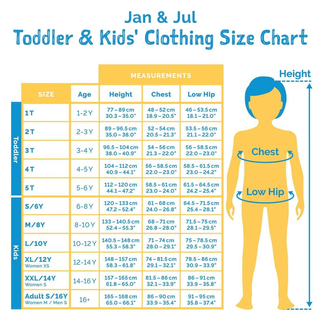 Jan & Jul Toddler and Kids Clothing official size and measurement chart