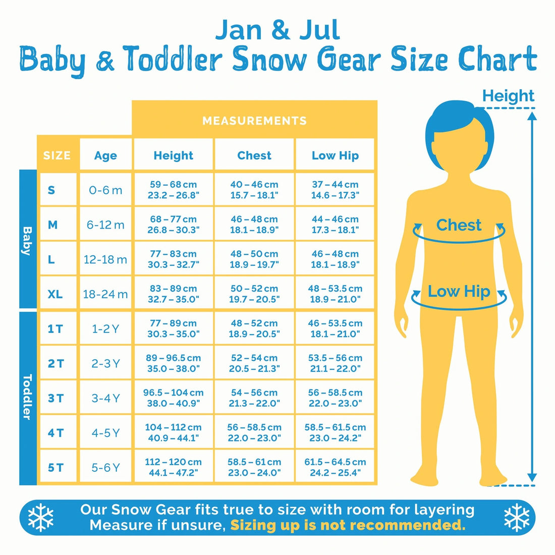 Jan & Jul Baby and Toddler Snow Gear official size and measurement chart