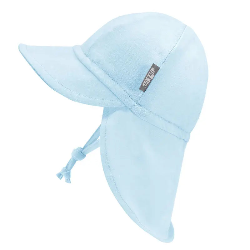 Jan & Jul Sun Soft Baby Cap in baby blue with neck flap and tied chin straps for ages 6-24 months